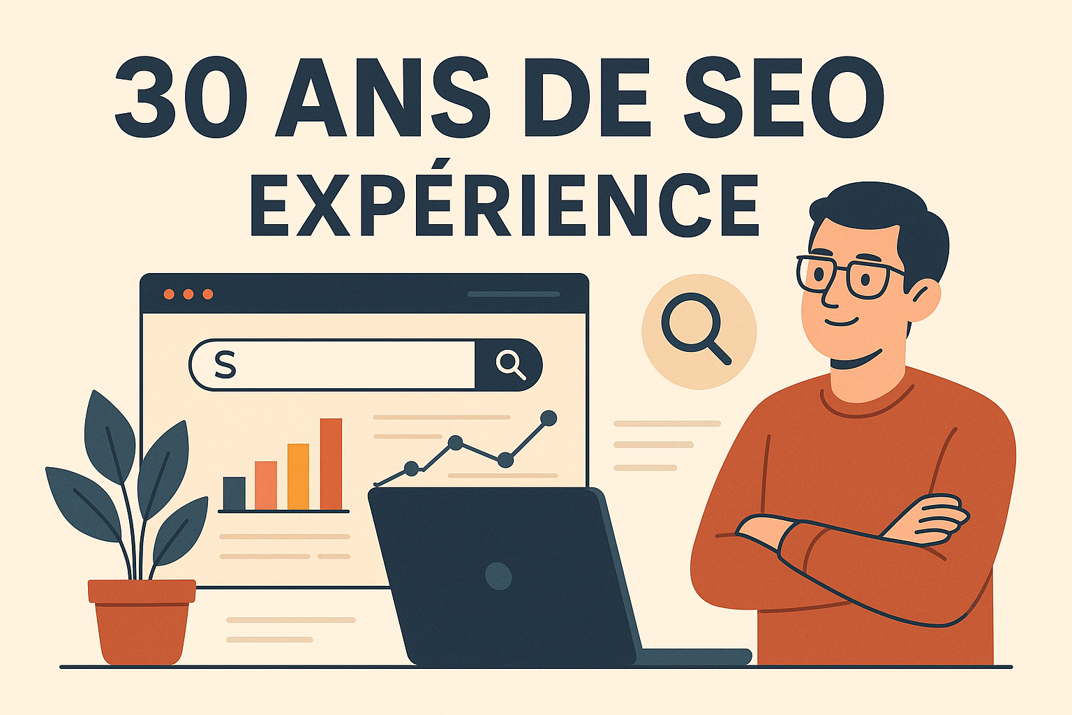 Illustration d’un expert SEO avec 30 ans d’expérience, devant un écran affichant des courbes et statistiques de référencement, ambiance vintage et professionnelle.