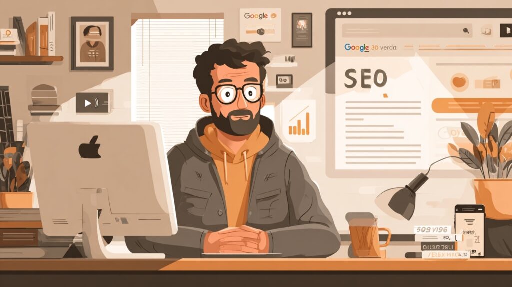 Illustration représentant 30 ans d’évolution du SEO : expert assis devant un ordinateur, entouré d’éléments du web vintage et moderne, avec graphiques de données, symboles de moteurs de recherche et ambiance rétro-techno.