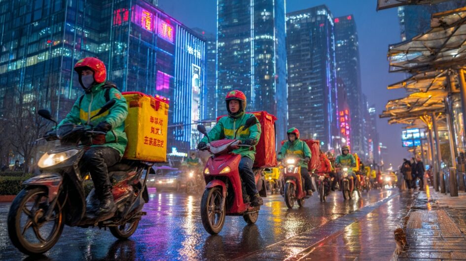 rue en chine avec des livreurs sur scooter